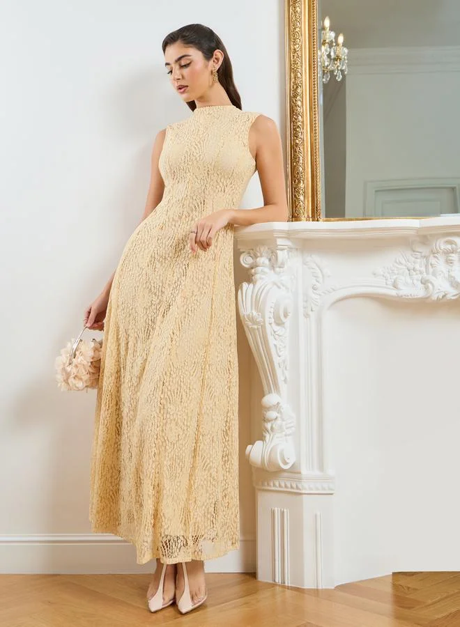 Styli  Women Cream Sleeveless Lace Maxi Dress for Women | Best Price UAE
